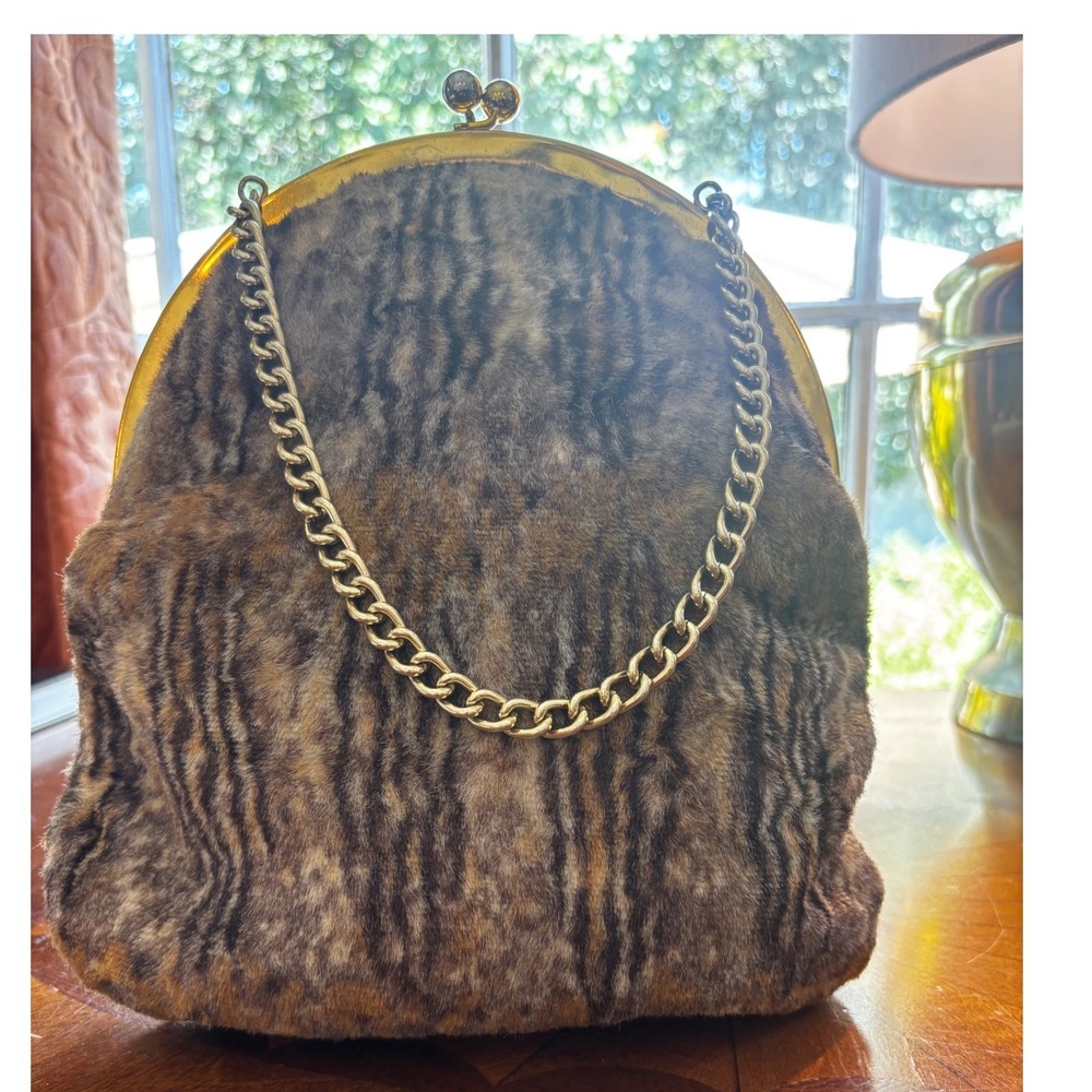 Vintage Faux Fur Animal Print Kiss Lock Evening Bag Gold Chain Strap Brown